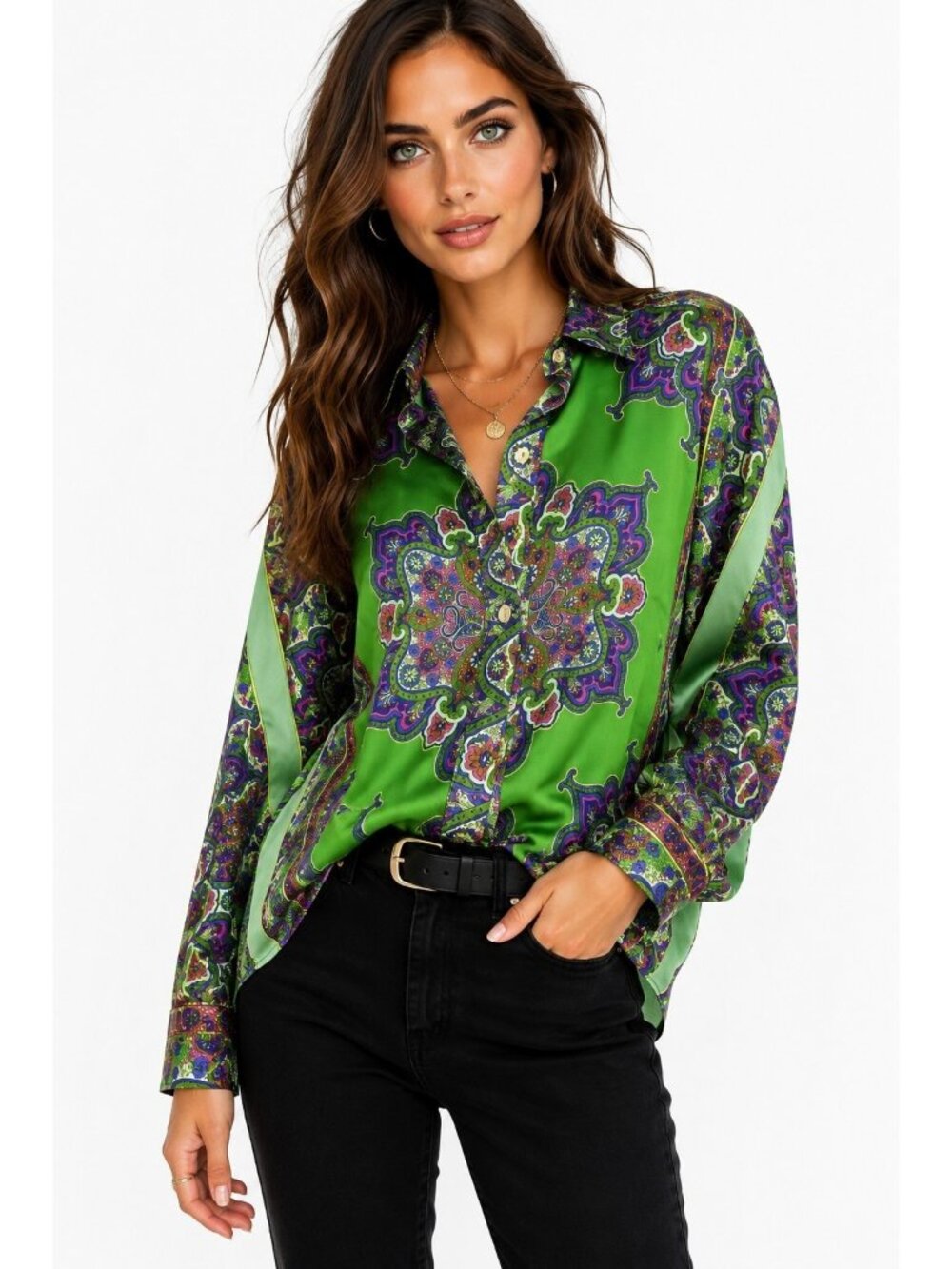Zara Green Paisley Satin Effect Button Front Blouse Shirt Women's L Boho Retro
